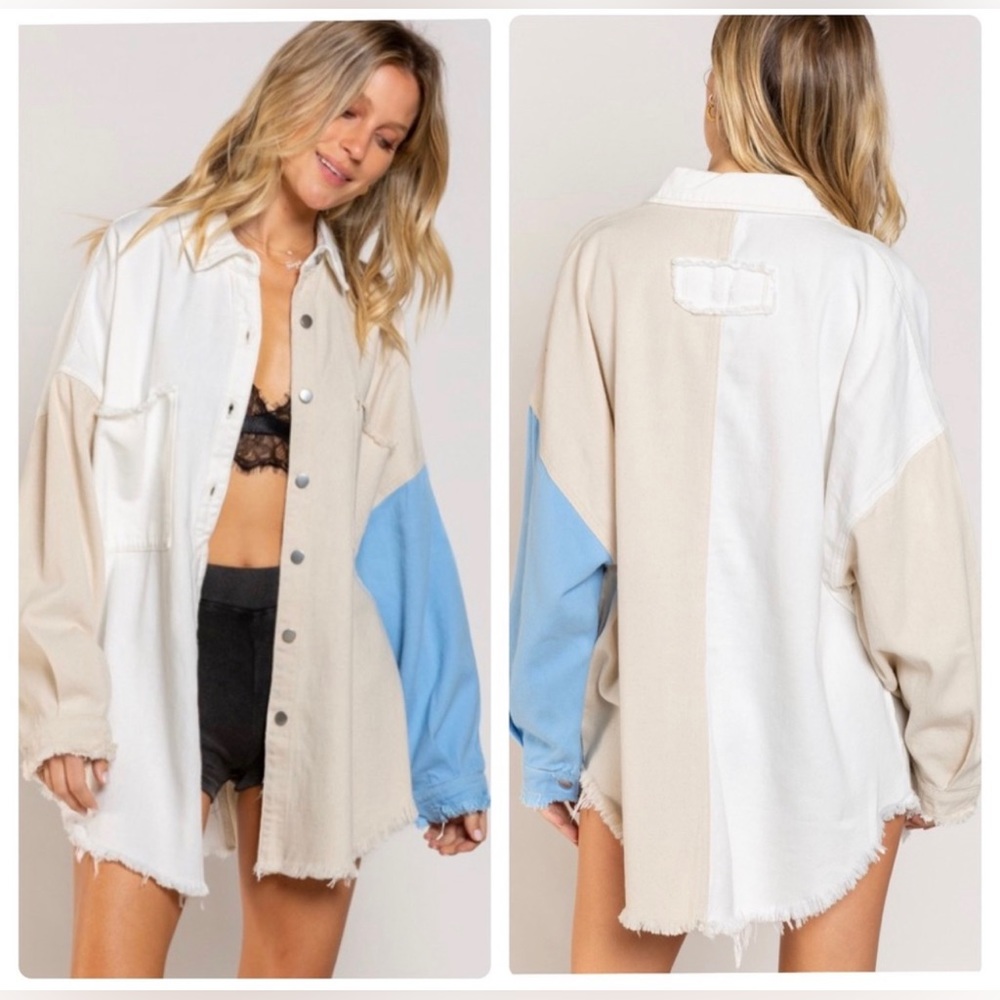 POL Cotton Womens Shacket cream white and blue, frayed details oversized L NWOT